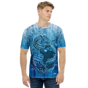 Dragon and Koi Teal Blue and White Fade Men's T-shirt
