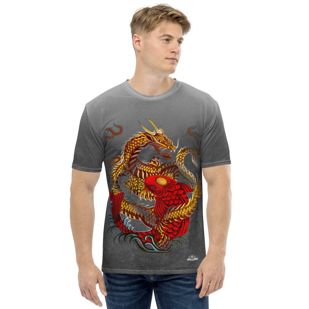 Dragon and Koi Gold-Red-Silver Gray Fade Men's T-shirt